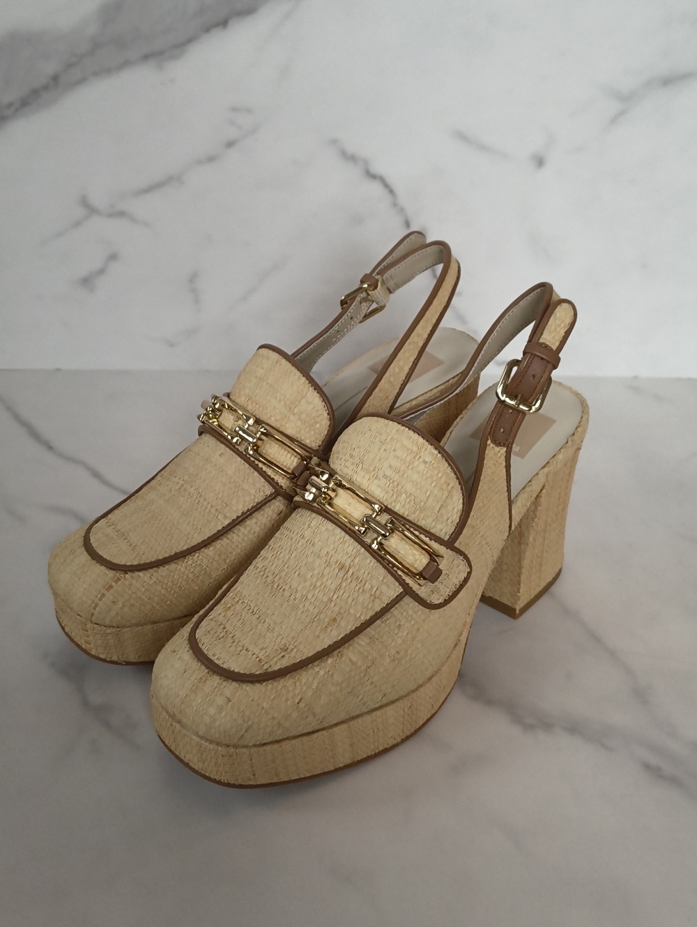 Dolce Vita Beige Raffia Slingback Platform Heels